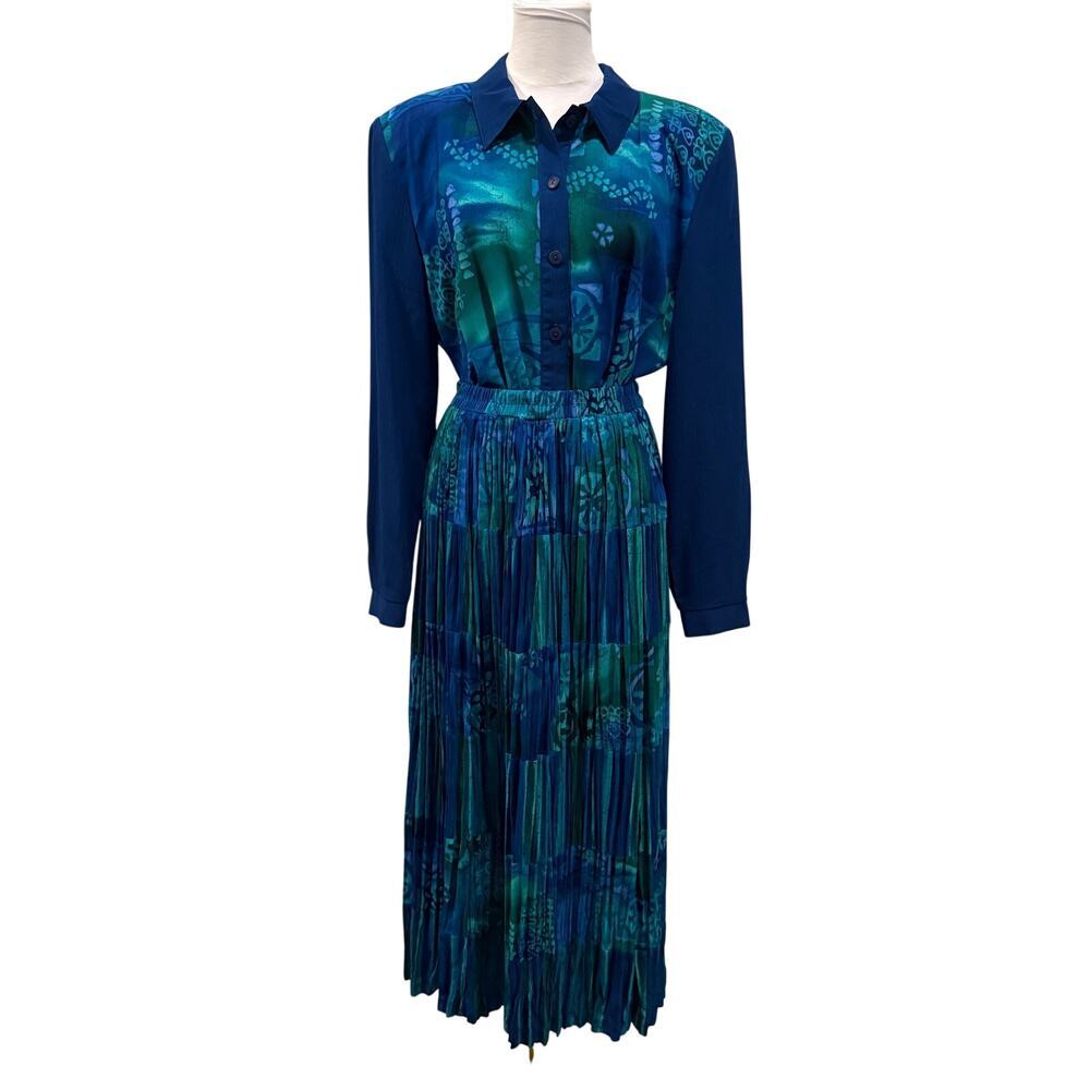 Vintage Victoria Morgan Blue Green Pleated Skirt Set XL 90s Teacher Retro
